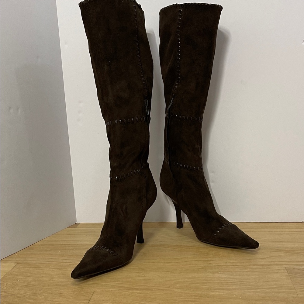 Y2K BCBGirls chocolate brown faux suede pointy toe knee high stretch boots